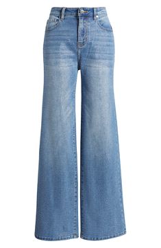 Add a splash of sparkle to denim day in wide-legged jeans cut with soft stretch and covered in tiny rhinestones. 31" inseam; 22" leg opening; 11" front rise; 15" back rise (size 29) Zip fly with button closure Five-pocket style 69% cotton, 20% polyester, 9% viscose, 2% elastane Hand wash, line dry Imported Wide Legged Jeans, High Waist Wide Leg Jeans, Denim Day, Nordstrom Store, Free Fabric, Wide Leg Jeans, Leg Jeans, Top Brands, High Waist