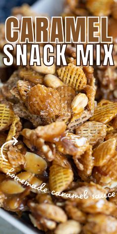 homemade caramel snack mix in bowl broken into pieces Caramel Trail Mix Recipes, Caramel Crispix Snack Mix Recipe, Snacks With Caramel, Caramel Cereal Snack, Carmel Nuts Easy Recipes, Carmel Cereal Snack, Carmel Pecan Chex Mix Recipes, Chec Mix Recipe Caramel, Chex Mix Caramel Recipe