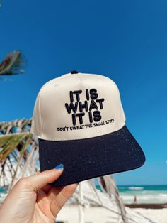 It is what it is, don't sweat the small stuff! Navy vintage trucker hat embroidered with 3D puff embroidery If on preorder, will ship within 2 weeks! Part of our Tulum collection + perfect for all summer use! Embroidery Trucker Hats, Unhinged Trucker Hats, Merch Ideas Products, Patches On Hats, Esthetician Apparel, Trucker Hat Designs, Intuitive Drawing, Trendy Trucker Hats, Bestie Christmas