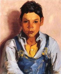 an oil painting of a boy in overalls and yellow shirt with his hands on his chest