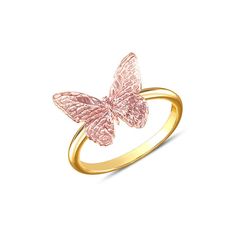 "14k solid gold two tone Butterfly ring. top measures 1/2\" in diameter. Beautiful polish finish." 14k Gold Butterfly Ring, Elegant Yellow Gold Butterfly Ring, Gold Butterfly Ring In Fine Jewelry Style, Rose Gold Butterfly Ring In 14k Gold, Gold Formal Butterfly Ring, 14k Gold Butterfly Ring For Anniversary, Yellow Gold Butterfly Ring For Formal Occasions, Formal Yellow Gold Butterfly-shaped Ring, Formal Yellow Gold Butterfly Ring