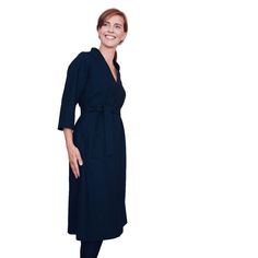 "The V-neck dress has a narrow V-shaped neckline that continues as a collar in the back of the neck. It features 3/4 long sleeves, pockets in side seams and an optional belt. The pattern includes parts and instructions to make the model with or without sleeves. The pattern comes carefully packaged in an envelope together with step-by-step sewing instructions. Skill Level : Intermediate Sizes : XS to XXL New, uncut paper pattern Suggested fabrics are light to mid weight fabrics such as denim, cotton twill, wool, needlecord, lightweight canvas. Fabric requirements 55-60\" fabric width:  Sleeveless: XS 1 3/4 / S 1 7/8 / M 2 1/4 / L 2 1/3 / XL 2 5/8 / XXL 2 2/3 With sleeve: XS 2 1/8 / S 2 1/3 / M 2 3/4 / L 2 7/8 / XL 3 1/8 / XXL 3 1/4" V-neck Midi Dress With Pockets For Work, 3/4 Sleeve Wrap Dress For Work, Sewing Instructions, Assembly Line, Paper Pattern, Denim Cotton, Fabric Width, Fabric Swatches, Chicago Il