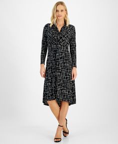 in stock Black Long Sleeve V-neck Dress For Work, Black Midi Dress With Surplice Neckline For Fall, Casual Black Dress With Surplice Neckline, Casual Evening Dress With Surplice Neckline, Casual Black Midi Dress With Surplice Neckline, Long Sleeve Jersey, Black Midi Dress, In Store, Black Dress