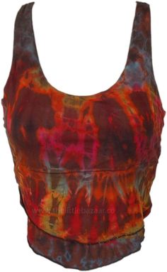 This bright soft crop top has a smoldering hot looking tie-dye color and a hippie style of its own, for a stylish free-spirited look. It goes with any bohemian lowers! The tie dye is on bright in pink and red hues on brown base color. #tlb #Sleeveless #beachwrap #bohemianfashion #Handmade #TieDye #BohemianTop Acid Wash Cropped Crop Top, Tie Dye Cropped Top, Bohemian Tie Dye Crop Top For Festivals, Bohemian Tie Dye Crop Top, Bohemian Tie-dye Crop Top For Festivals, Fitted Bohemian Acid Wash Tops, Multicolor Cropped Hippie Crop Top, Hippie Multicolor Cropped Top, Fitted Tie Dye Crop Top For Festivals