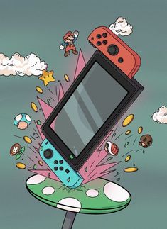 an image of a nintendo game console on top of a mushroom with other objects surrounding it