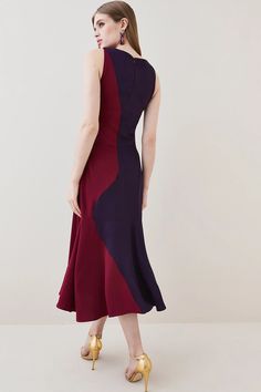 Soft Tailored Color Block Halter Midi Dress | Karen Millen Chic Fitted Purple Sleeveless Dress, Chic Purple Fitted Sleeveless Dress, Purple Sleeveless Dress For Workwear, Notes Style, Soft Tailoring, Halter Midi Dress, Karen Millen, Colour Block, Fashion Face