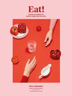 the cover of eat magazine, with hands reaching for tomatoes and other vegetables on a red surface