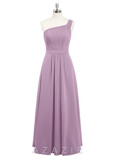 a dress on a mannequin with one shoulder in lavender colored chiffon