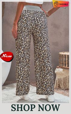 Leopard Print Drawstring Waist Wide Leg Pants Trendy Pants For Vacation, Trendy Full Length Pants For Vacation, Trendy Full-length Pants For Vacation, Fall Vacation Bottoms With Elastic Waistband, Wide Leg Bottoms For Fall Vacation, Wide Leg Bottoms For Vacation In Fall, Fall Vacation Wide Leg Pants, Fall Vacation Wide Leg Bottoms, Fall Vacation Wide-leg Pants