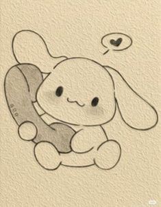 a drawing of a rabbit with a thought bubble above it's head, sitting on a pillow