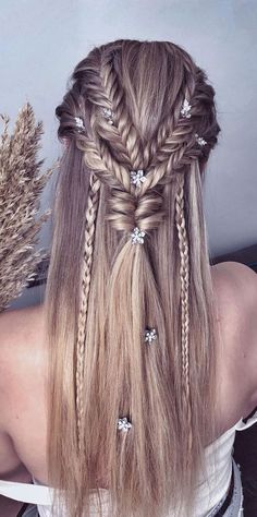 Prom Hairstyles Half Up Half Down Braid Straight Hair, Long Hair Formal Hairstyles Half Up, Straight Long Hair Wedding Styles, Viking Bridesmaid Hairstyles, Fancy Braided Hairstyles Half Up, Prom Hairstyles Half Up Half Down With Jewels, Half Up Half Down Viking Wedding Hair, Viking Hair Half Up Half Down, Long Hairstyles For Prom Half Up