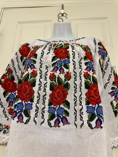 Women's blouse Size M  Hand wash cold/ hang to dry Red Semi-stitched Floral Embroidered Blouse Piece, Folk Style Long Sleeve Embroidered Blouse, Folk Style Multicolor Embroidered Blouse, Red Blouse With Floral Print And 3/4 Sleeve, Romanian Blouse, Womens Blouses, Womens Clothing Tops, Blouses For Women, Rum