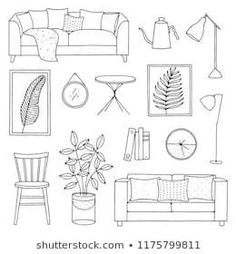 black and white drawing of living room furniture