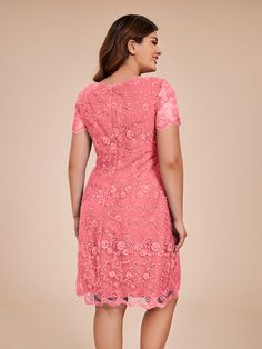 Introducing our elegant Column Short Sleeves Knee Length Lace Mother of the Bride Dress. Made with high-quality lace fabric and featuring a knee-length design with short sleeves, this dress is perfect for any special occasion. Feel confident and stylish on your big day with this stunning mother of the bride dress.    Attention!     The sleeves are see-through and unlined. (Refer to the picture below) Elegant Fitted Pink Short Sleeve Dress, Elegant Pink Fitted Short Sleeve Dress, Pink Lace Patchwork Short Sleeve Dress, Feminine Short Sleeve Lace Dress, Pink Lace Dress With Short Sleeves And Lace Patchwork, Pink Short Sleeve Lace Dress With Patchwork, Formal Short Sleeve Lace Dress For Summer, Pink Knee-length Scalloped Lace Dress, Formal Feminine Lace Dress With Short Sleeves