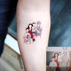 an image of a family tattoo on the left forearm and right arm, with a photo of two people sitting next to each other