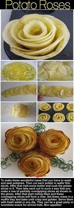 the instructions for how to make potato roses with butter and olive oil, are shown in this