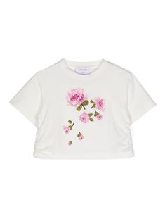 white cotton blend stretch-design jersey texture floral embroidery to the front with sequin embellishment gathered detailing to the side crew neck short sleeves straight hem White Crew Neck T-shirt With Floral Applique, White Short Sleeve T-shirt With Floral Applique, Embellished Cotton Short Sleeve T-shirt, White Short Sleeve Top With Floral Applique, Cotton Embellished Short Sleeve T-shirt, White Floral Applique Short Sleeve Top, Embellished Cotton T-shirt For Spring, Spring Embellished Cotton T-shirt, White Embellished Crew Neck T-shirt