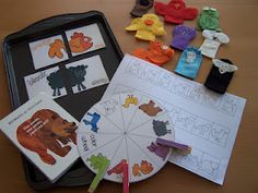 an assortment of activities for children to do with the bear theme, including matching cards and scissors