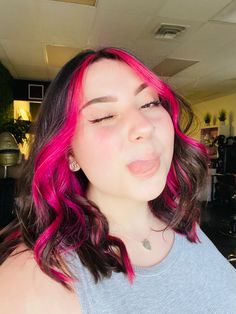 Neon Pink Money Piece Hair, Black Hair With Pink Halo, Pink Halo Hair Color, Halo Vivid Hair Color, Halo Pink Hair, Vivid Halo Hair, Halo Hair Dye Style Purple, Hot Pink Halo Hair, Pink Highlights On Short Hair