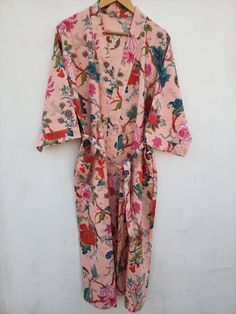 This Robe we makes from 100% Cotton printed fabric. The fabric print is Anokhi Floral which is very popular in all over the world . We use pure cotton cambric fabric . This is free One size robe . There is both side pocket in robe. Length = 120 cms. ( 48 inches) Pink Summer Robe For Bedtime, Summer Pink Robe For Bedtime, Pink Floral Print Robe For Home, Pink Floral Print Home Robe, White Beach Wear, Butterfly Bath, Women Kimono, Wrap Dress Long, Kimono Dressing Gown