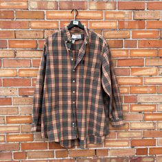 button down  oversized  the big shirt  great vintage condition - very little wear found in: denver brand: abercrombie & Fitch  tag size: xl fits like a modern: up to masc 2xl  / femme 3xl  measurements: bust - 55in length - 31.5in sleeve - 25in back - 22in material: cotton origin: malaysia colors: brown green red instagram - feverdreamdenver Oversized Brown Button-up Flannel Shirt, Oversized Classic Plaid Flannel Shirt, Big Shirt, Letter Gifts, Colors Brown, Brown Plaid, Abercrombie Fitch, Denver, Vintage Y2k