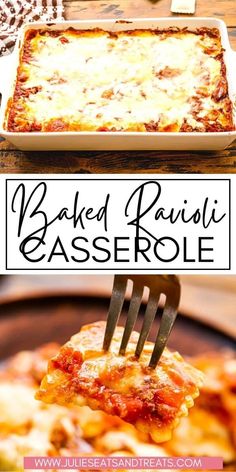 baked ravioli casserole on a fork with text overlay