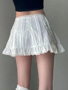 White Dress' Low Waist Bow Tie Cottage Mini Skirt AlielNosirrah Kawaii Skirt, Skirt Streetwear, Fairycore Coquette, Basic Skirt, Outfits Y2k, A Line Mini Skirt, Dream Style, Lace Patchwork, Cotton Skirt