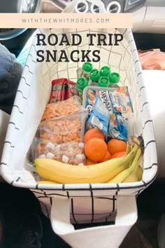 the road trip snacks are packed in a basket