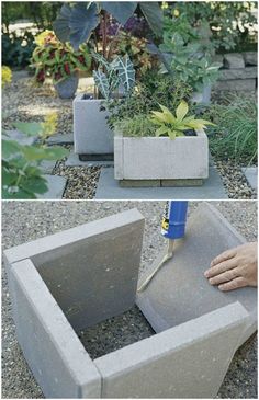 there is a cement planter in the middle of some concrete blocks with plants growing out of it