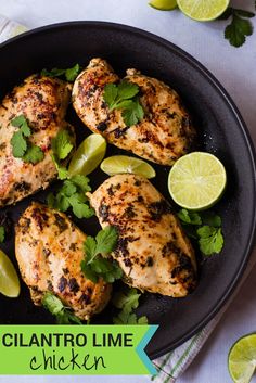 grilled chicken with cilantro and limes in a skillet