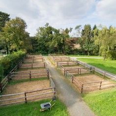 an aerial view of several horses in their pen