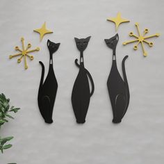 three black cats standing next to each other with stars on their heads and one cat's tail