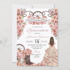 a pink and white floral bridal party card with an illustration of a woman in a dress