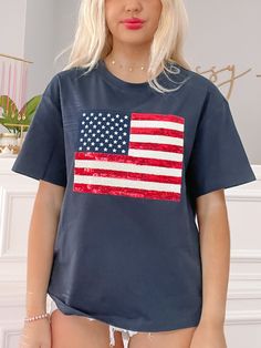 Born in the USA Tee | sassyshortcake.com Sequin Crew Neck T-shirt, Red Americana T-shirt With American Flag, Casual Crew Neck T-shirt With Sequins, Memorial Day Blue T-shirt With American Flag Print, Blue Tops With American Flag Print For Memorial Day, Blue Crew Neck Top For 4th Of July, Blue American Flag Tops, Blue American Flag Print Short Sleeve Top, Blue Patriotic T-shirt With American Flag Print