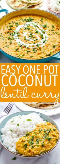 an easy one pot coconut lentil curry recipe with rice and garnishes