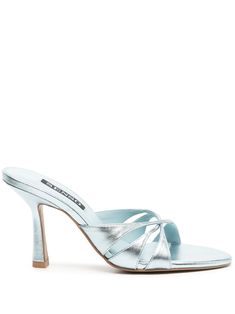 ice blue leather metallic effect open toe slip-on style branded footbed 90mm high heel leather sole Carrie Bradshaw Shoes, Iridescent Heels, Mermaid Heels, Light Blue Heels, Pretty Blue Dress, Preppy Inspo, Blue Dress Shoes, Heels Aesthetic, Blue Accessories