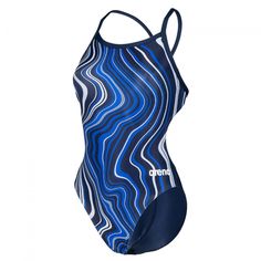 a women's swimsuit with blue and white waves