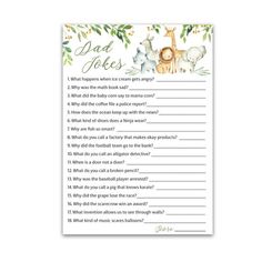 a printable baby shower game with animals and leaves on the top, which says dad jokes