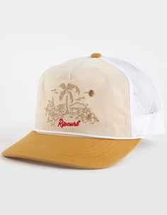 Rip Curl Aloha Hotel Trucker Hat. Add A Touch Of Retro Style To Your Beach Look With The Aloha Hotel Trucker Cap. Featuring A Mesh Back And Adjustable Snapback Closure, This Cap Is Perfect For Keeping Cool Under The Sun. Embroidery On Front. Brim Rope Detail. Woven Label At Closure. 60% Cotton 40% Polyester. Imported. Cream Trucker Hat For Beach With Curved Brim, Cream Curved Brim Trucker Hat For Beach, Cream Trucker Hat For Summer Beach, Beige Trucker Hat With Curved Brim For Beach, Beige Curved Brim Trucker Hat For Beach, Cap Outfit, Flannel Sweatshirt, Graphic Trends, Lug Sole Boots