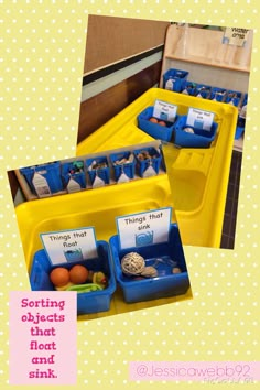 two yellow bins filled with different types of food on top of a table next to each other