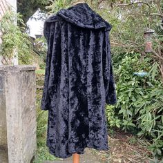 Stunning Gothic Black Crushed Velvet Loose Jacket Coat with 8" double thickness Shawl Collar 1st oct photos revised outside to see detail Opera coat hangs in folds.Quality-fairly heavy No labels but fits size UK 16 18 US size 12 14 Bust upto 44" no fastenings hangs loose Hips upto 56" length 36" so over thighs depending on height Unstructured Sleeve 22.5" so SHORTER bracelet sleeves again depending on your size Heavy 1.2kgs Unlined, without lining No lining so inner seams can be seen[see last ph Gothic Cotton Outerwear, Goth Coats & Jackets, Gothic Fitted Velvet Outerwear, Black Velvet Gothic Outerwear, Black Velvet Vintage Outerwear, Vampire Ball, Steampunk Coat, Over Coat, Loose Jacket