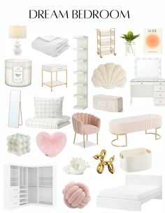 a collage of white furniture and accessories with the words dream bedroom on it's side