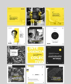 the yellow and black brochure is displayed in several different sections, including an image of