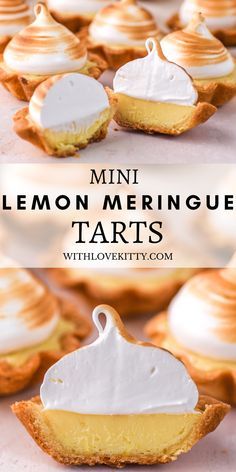 mini lemon meringue tarts with white frosting on top and the words, mini lemon meringue tarts