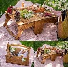 the table is made out of wood and has food on it, along with flowers