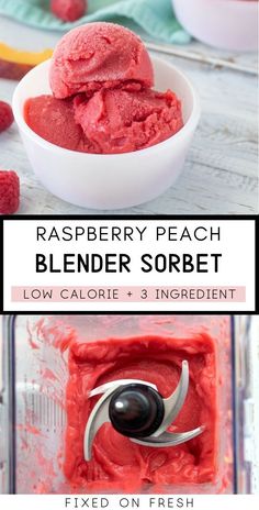 raspberry peach blender sorbet with text overlay