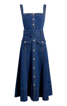 Experience effortless style with the Vega Dress. Made with medium wash denim, this midi dress boasts a button front, belted waist, and patch pockets for a chic and versatile look. Whether you're enjoying a casual day out or dressing up for a night out, the Vega Dress has got you covered. Details Button front closureFabric: Lightweight DenimFit and flareSilhouettePatch pocket detailsSleeveless Content and Care 99% Cotton 1% SpandexDry CleanImported Measurements 42.5in/107.95cm from shoulderMeasurements from size S Pockets In Dresses, Collared Button Down Dress, 90s Denim Dress Outfit, Denim Dress Aesthetic, Diy Denim Dress, Denim Dress Outfit, Vegas Dresses, Skirt Coverup, Denim Midi Dress