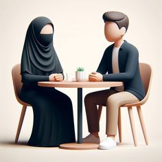 two people sitting at a table with a plant in front of them, one wearing a hijab