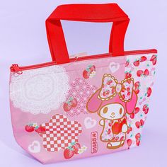 Use this kawaii lunch bag when bringing your lunch to school! This zippered bag features a cute illustration of My Melody wearing a kimono with strawberry prints. It has a spacious compartment with an aluminum lining to help keep your food fresh. There's also a mesh pocket inside for ice packs! Kawaii Rectangular Lunch Bag For School, Cute Pink Lunch Box For Daily Use, Pink Cute Lunch Box For Daily Use, Cute Pink Lunch Bag, Strawberry Kimono, My Melody Strawberry, Kawaii Lunch, Strawberry Prints, Kawaii Bags