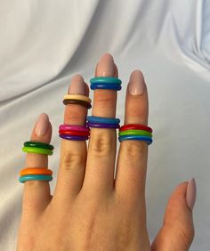 "the funkiest stacked band rings! 🪐 unique and quirky rings which are completely customised! 🚨i can do up to five bands stacked please pick either one of the colours or mystery for a double band, choose \"triple\" \"four\" or \"five\" band if you want like that many and LEAVE A NOTE with the colours you would like!🚨 ANY COLOURS AND SIZE - i want to make these rings unique to YOU so you pick the colours and you pick how many stacks you want❤️" Playful Multicolor Rings Perfect For Gifts, Playful Multicolor Rings For Gifts, Handmade Cute Multicolor Rings, Trendy Multicolor Stackable Rings, Playful Handmade Multicolor Rings, Funky Clay Rings, Polymer Clay Rings, Chunky Colorful Rings, Chunky Colourful Jewelry